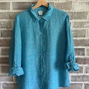 Sigrid Olsen Women’s 100% Linen Blue Turquoise Casual Button Down Tunic, Large